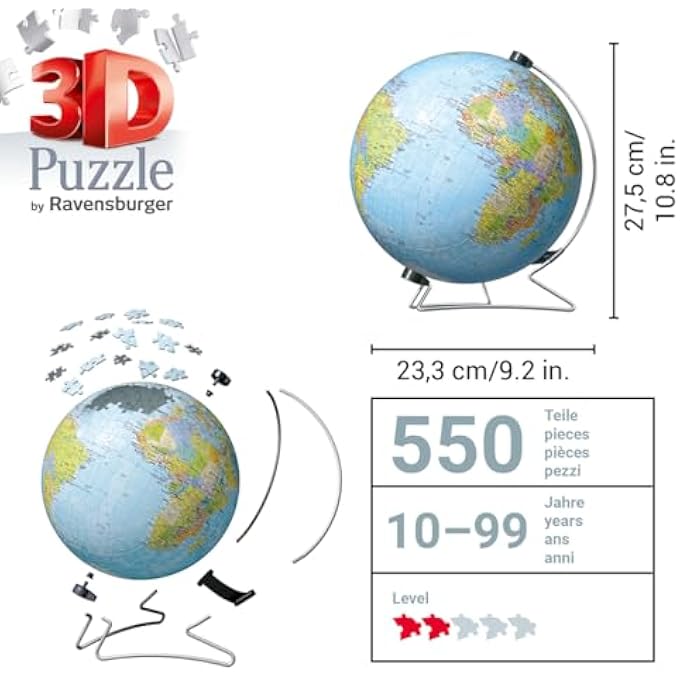 540‑PIECE 3D GLOBE PUZZLE THE WORLD ON V‑STAND  ROTATING V‑STAND, NO GLUE, EASYCLICK INTERLOCK PLASTIC PIECES, EDUCATIONAL MAP SPHERE FOR AGES 10+ | 12436‑7 - Image 2